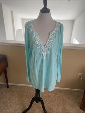 Lilly Pulitzer Light Blue Embroidered V-Neck Long Sleeve Women's Top Tunic
